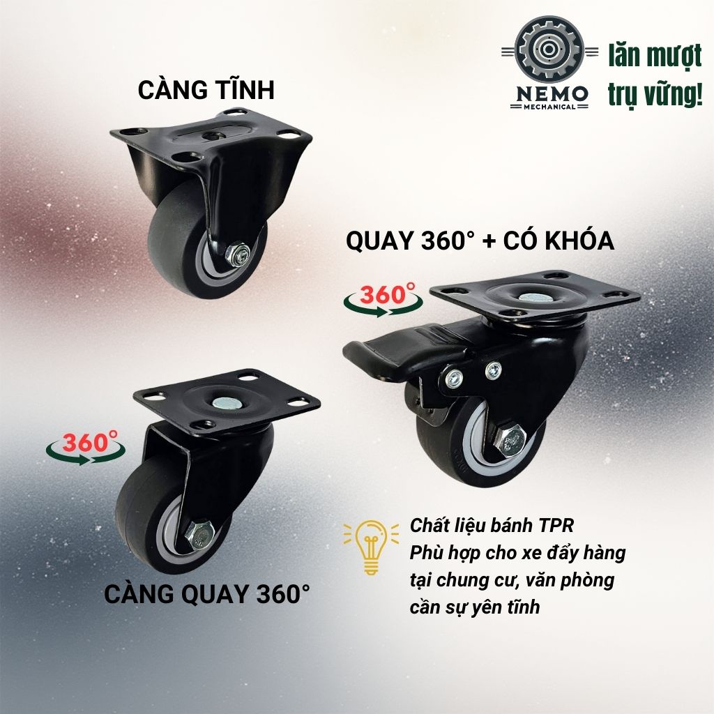 Bánh Xe TPR Chống Ồn Tải Cao – Càng Thép Sơn Tĩnh Điện Đen (D40, D50)